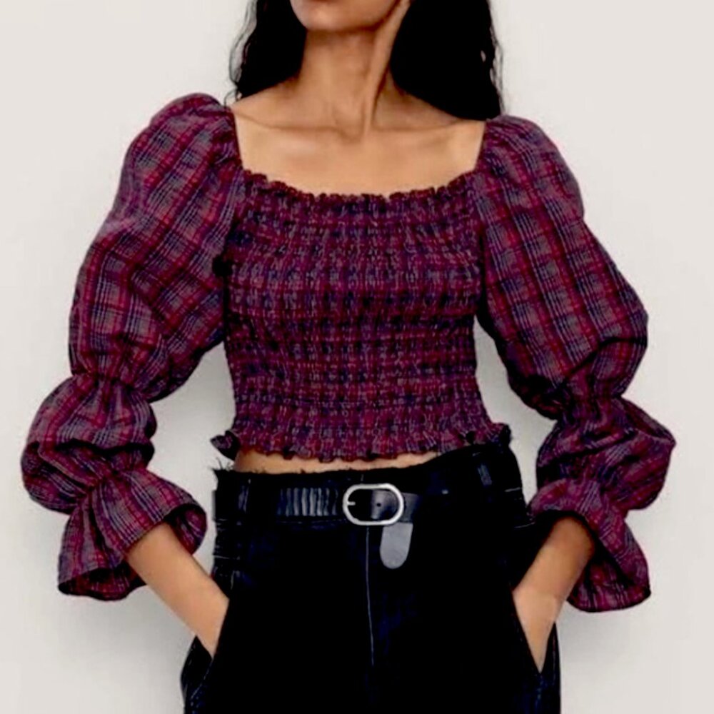 Zara | Navy & Red Plaid Puff Sleeve Long Sleeve Crop Top Blouse | Size XS